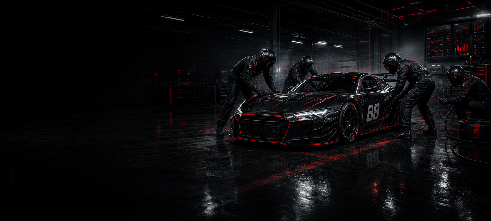 Illustration of a pit crew preparing a race car