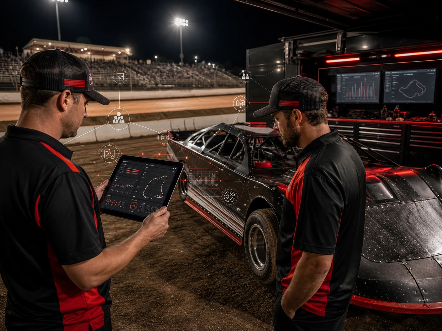 Dirt late model crew members reviewing beta telemetry and connected race operations beside a clay oval.