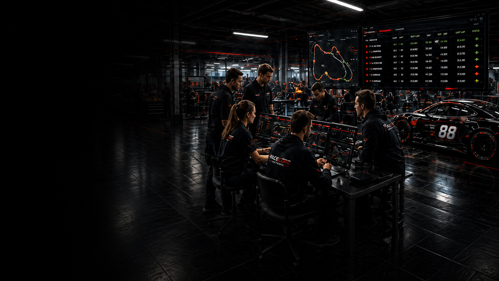 Illustration of a racing crew collaborating in a garage.