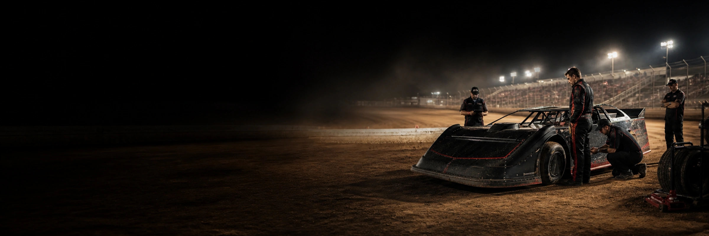 Dirt late model driver and crew preparing together at a nighttime dirt track