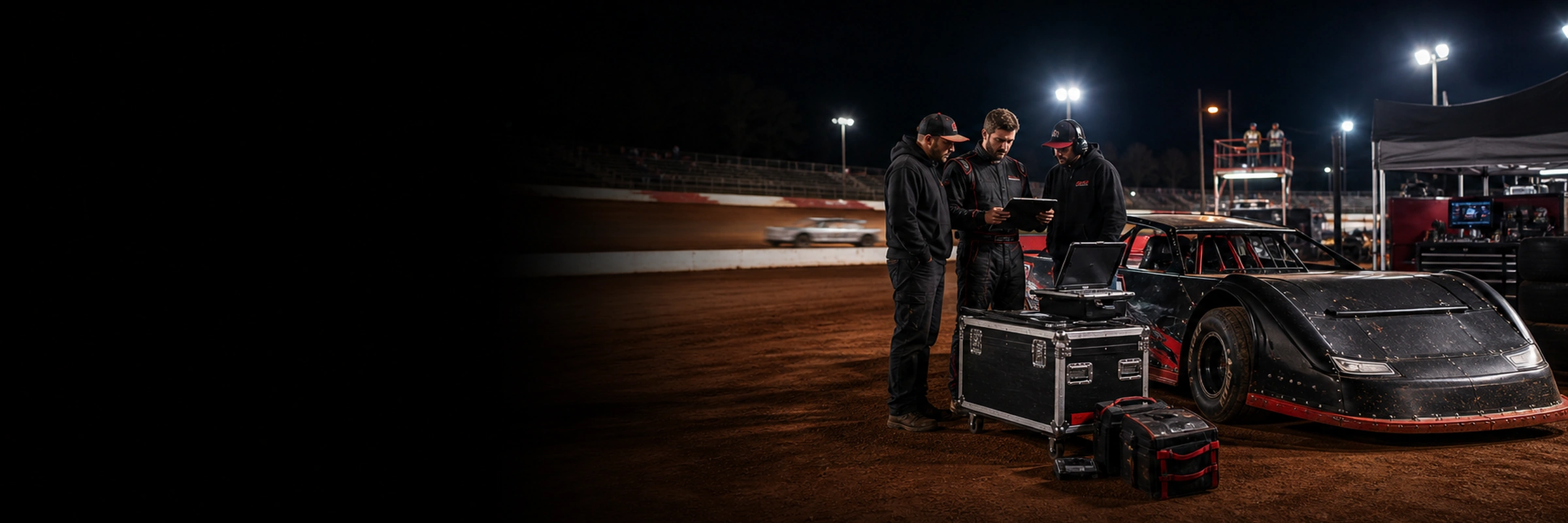 Dirt late model crew reviewing race operations beside their car at night