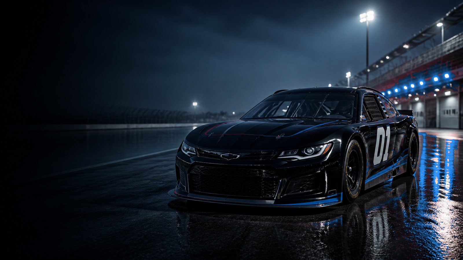 Illustrative stock car on a floodlit racing circuit
