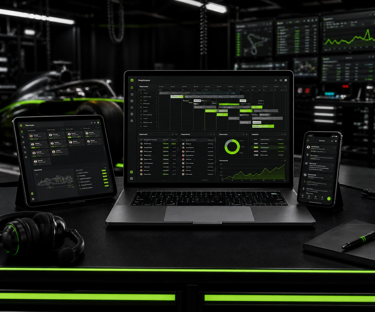 RaceCore TeamOps displayed on laptop, tablet, and mobile devices with racing team scheduling and operations dashboards.